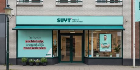 Rechtdoor, toegankelijk, sociaal advocatenkantoor met groene branding en grote ramen.