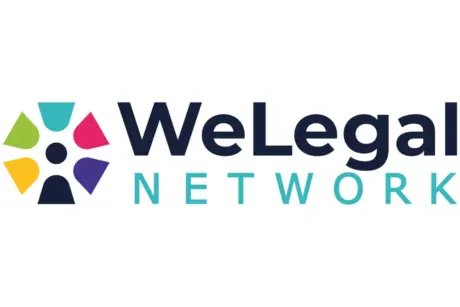 WeLegal Network logo met kleurrijke symbolen en tekst op een witte achtergrond.